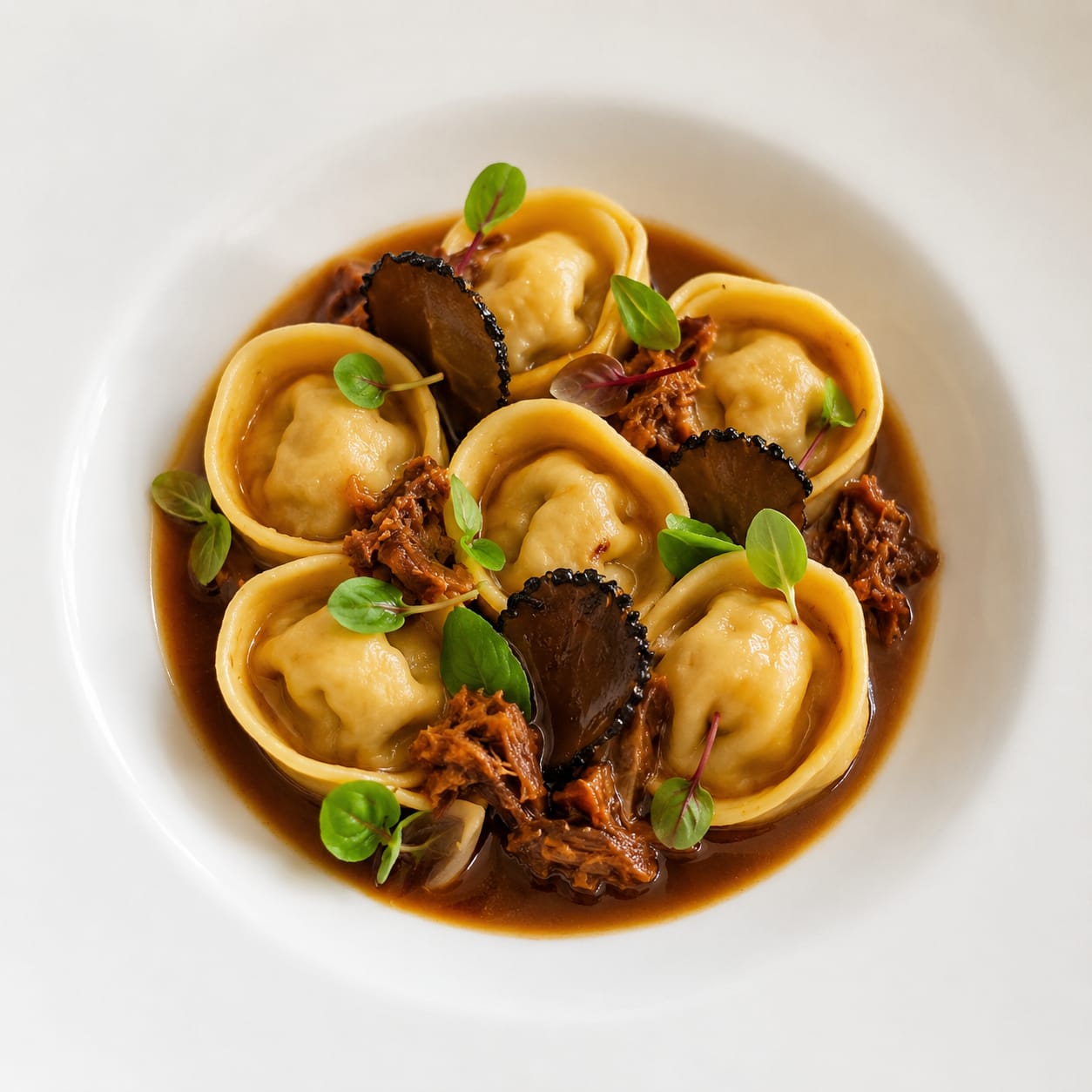 Tortelli in brodo ristretto e funghi
