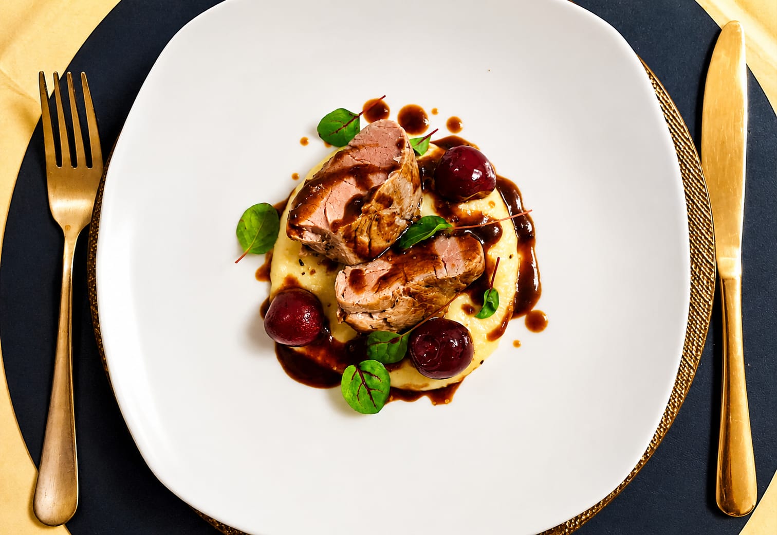 Filetto con purè e frutti rossi